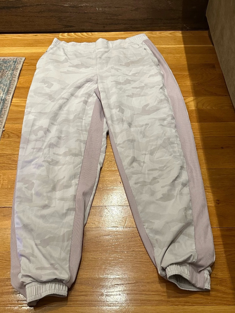 Athleta White Camo Joggers with Lavender Side Panels